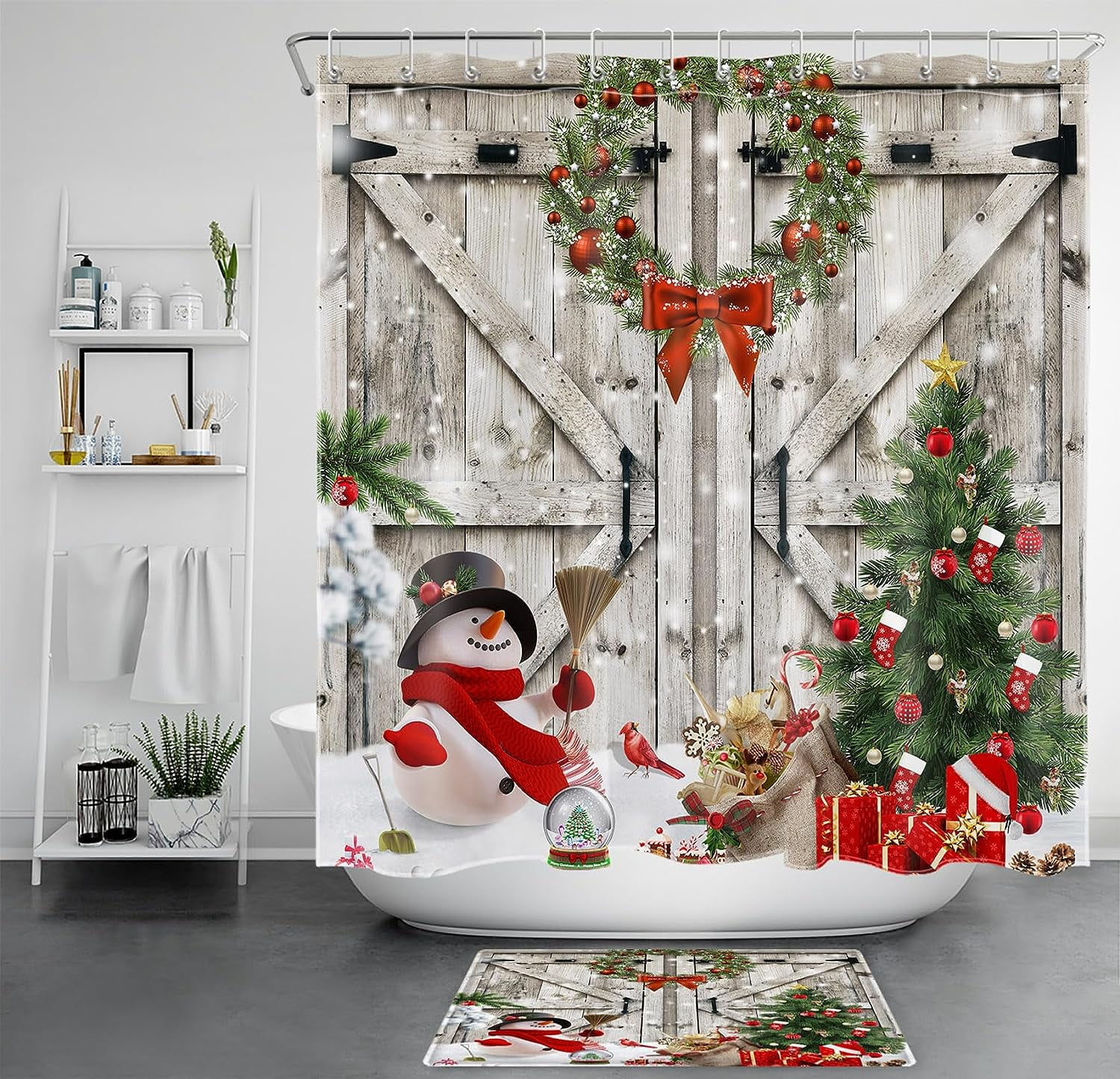 ARTTEAL Christmas Shower Curtain with Bath Mat Set, Snowman and Pine