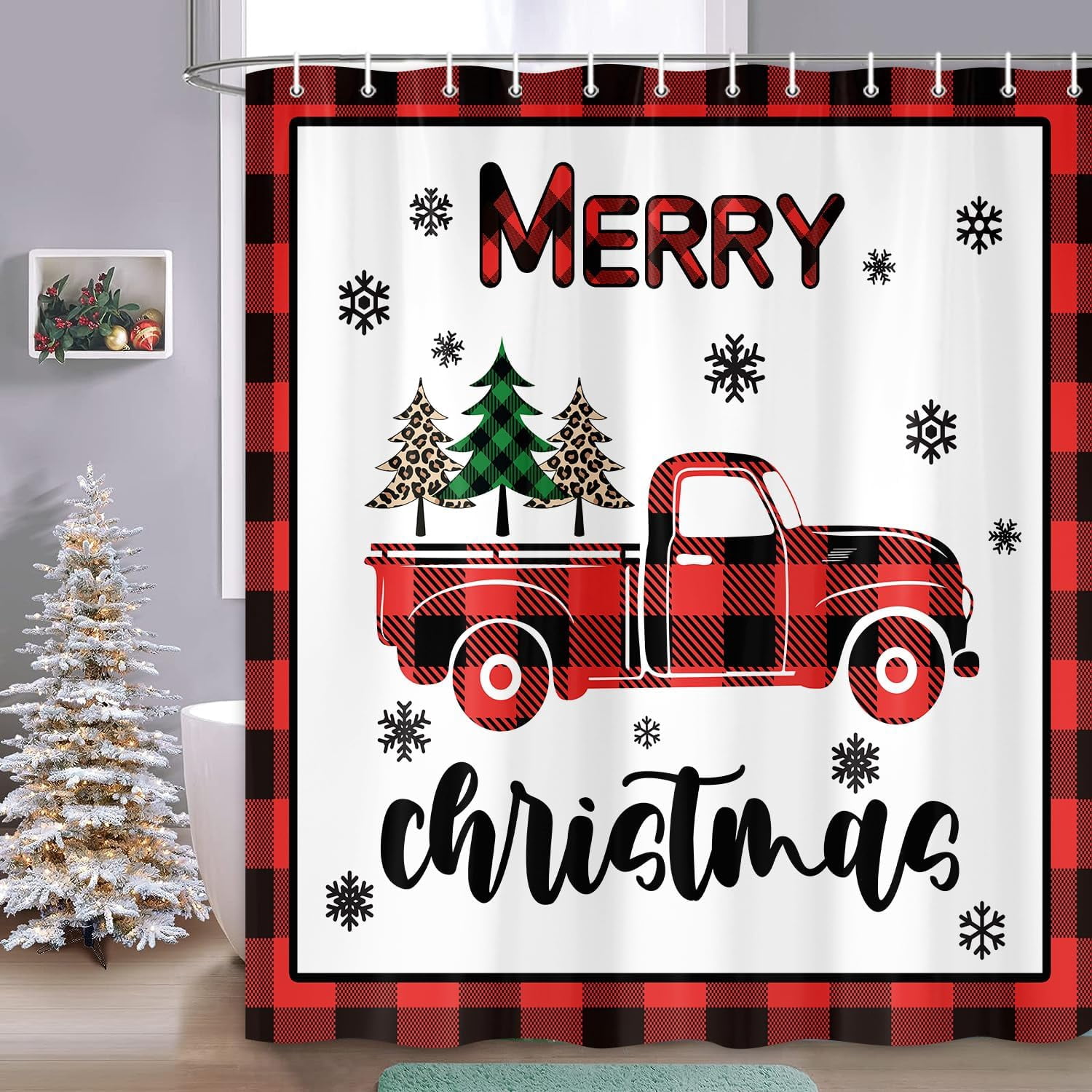 ARTTEAL Christmas Shower Curtain, Fun Rose Truck Christmas Tree Print