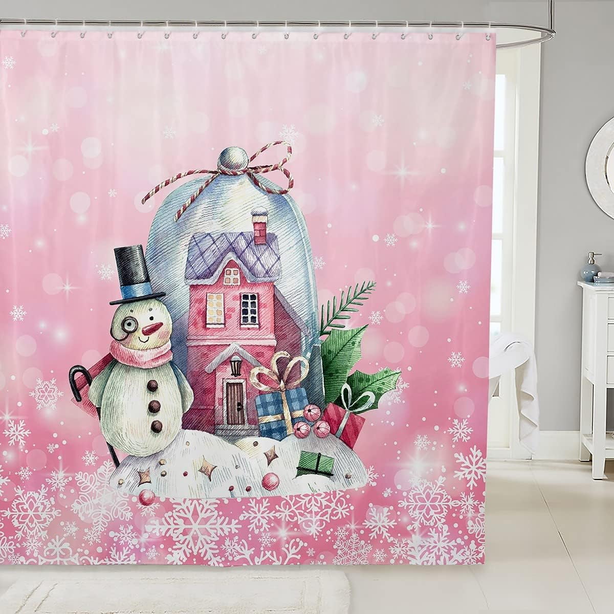 ARTTEAL Christmas Shower Curtains Pink Castle and Snowman Print