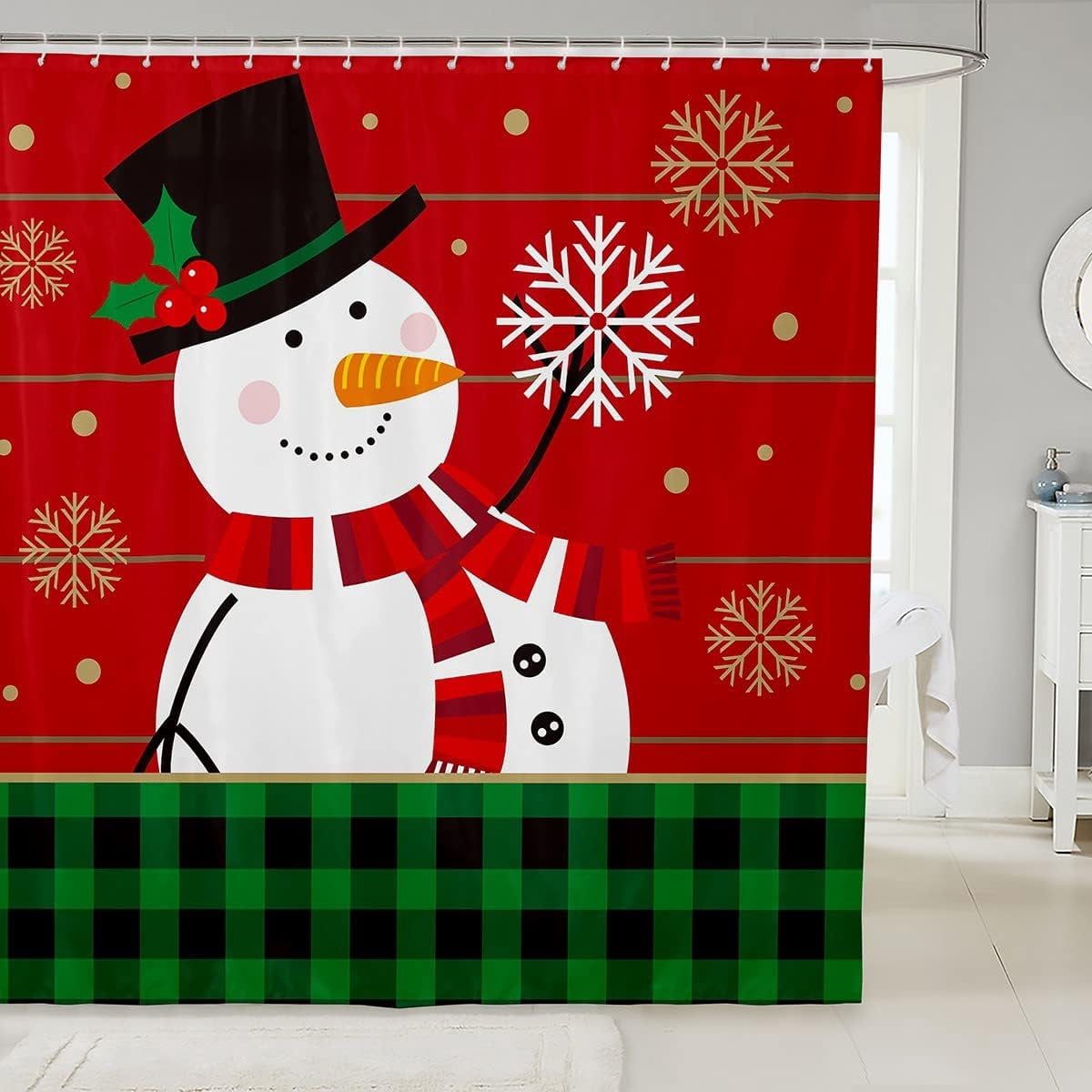 ARTTEAL Cute Snowman Shower Curtain Geometric Snowflake Shower Curtain