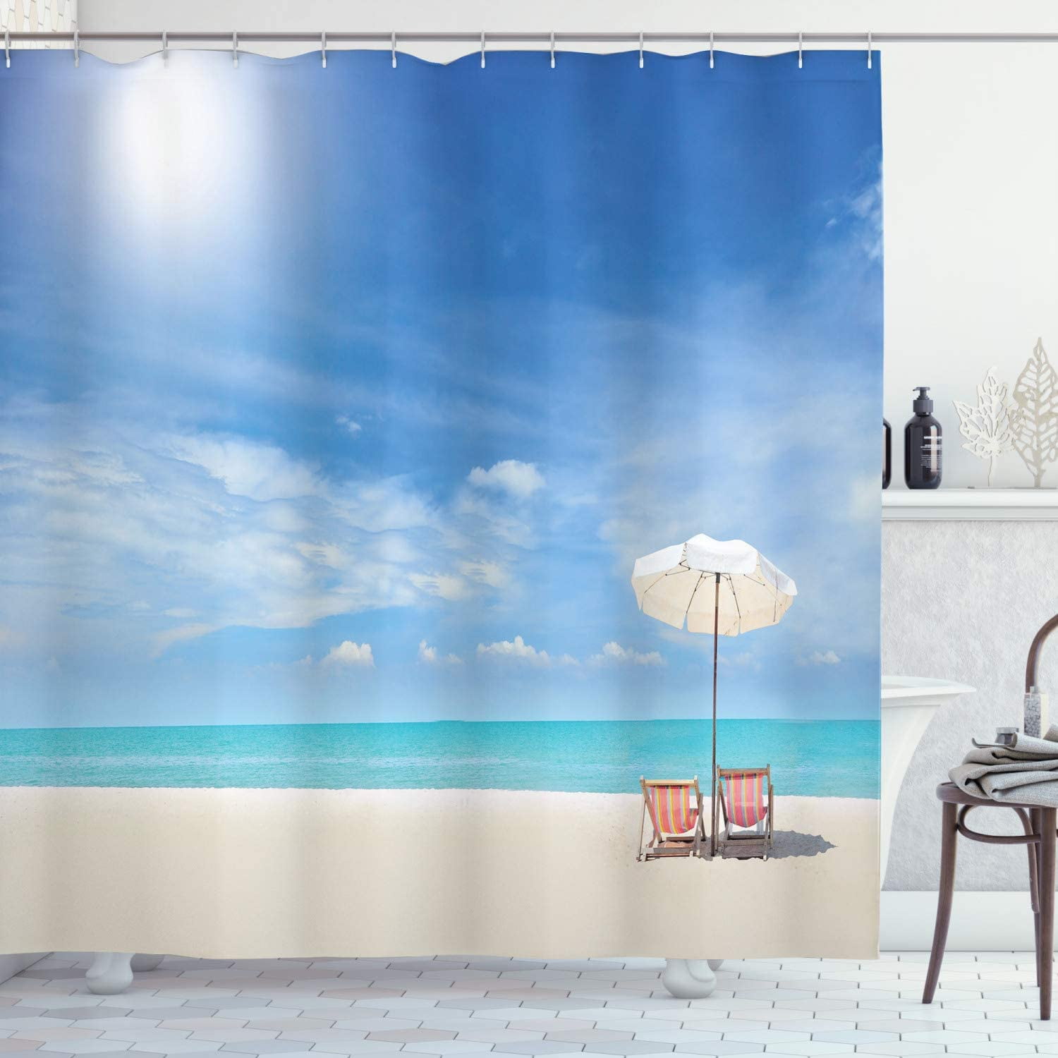 ARTTEAL Hawaiian Shower Curtain, Secluded Tropical Island Beach with