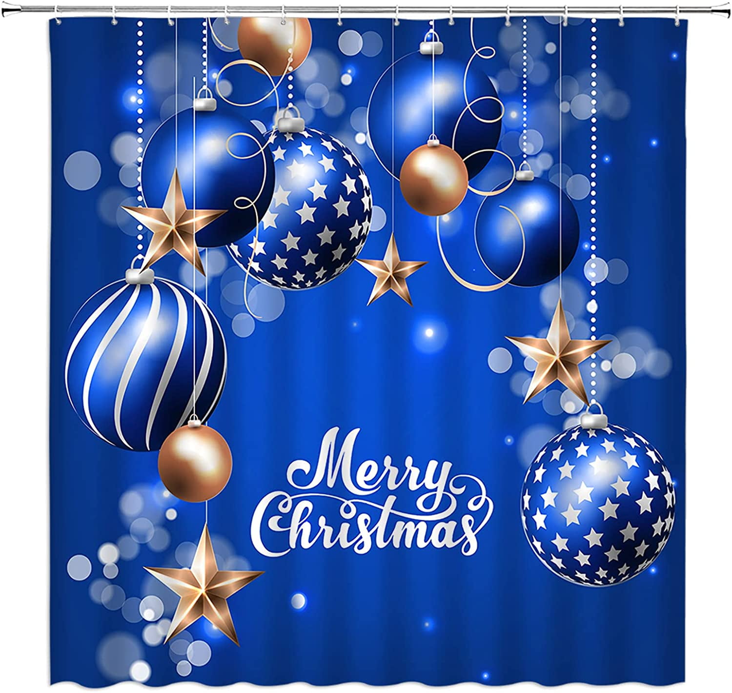 ARTTEAL Merry Christmas Shower Curtain Blue Christmas Balls Snowflake Winter Holiday Happy New