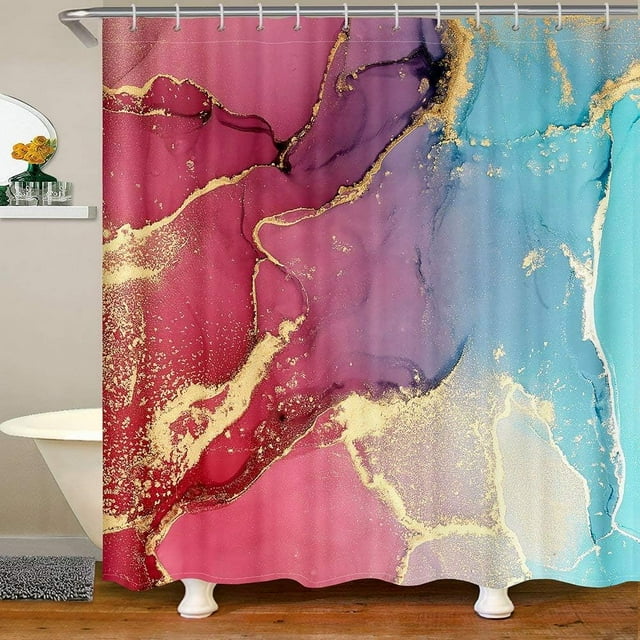 ARTTEAL Pink and Blue Color Shower Curtain for Home Bathroom Golden