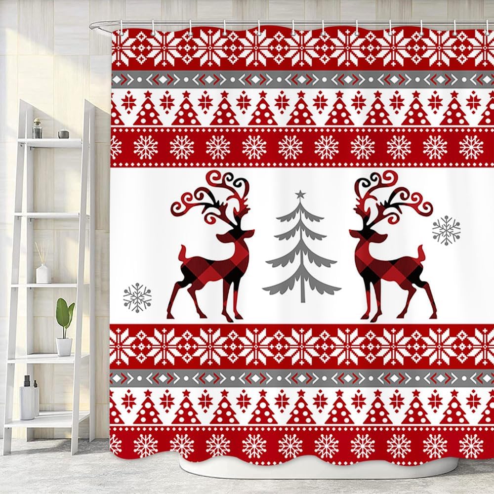 ARTTEAL Red Christmas Shower Curtain,Deer Shower Curtain for Bathroom