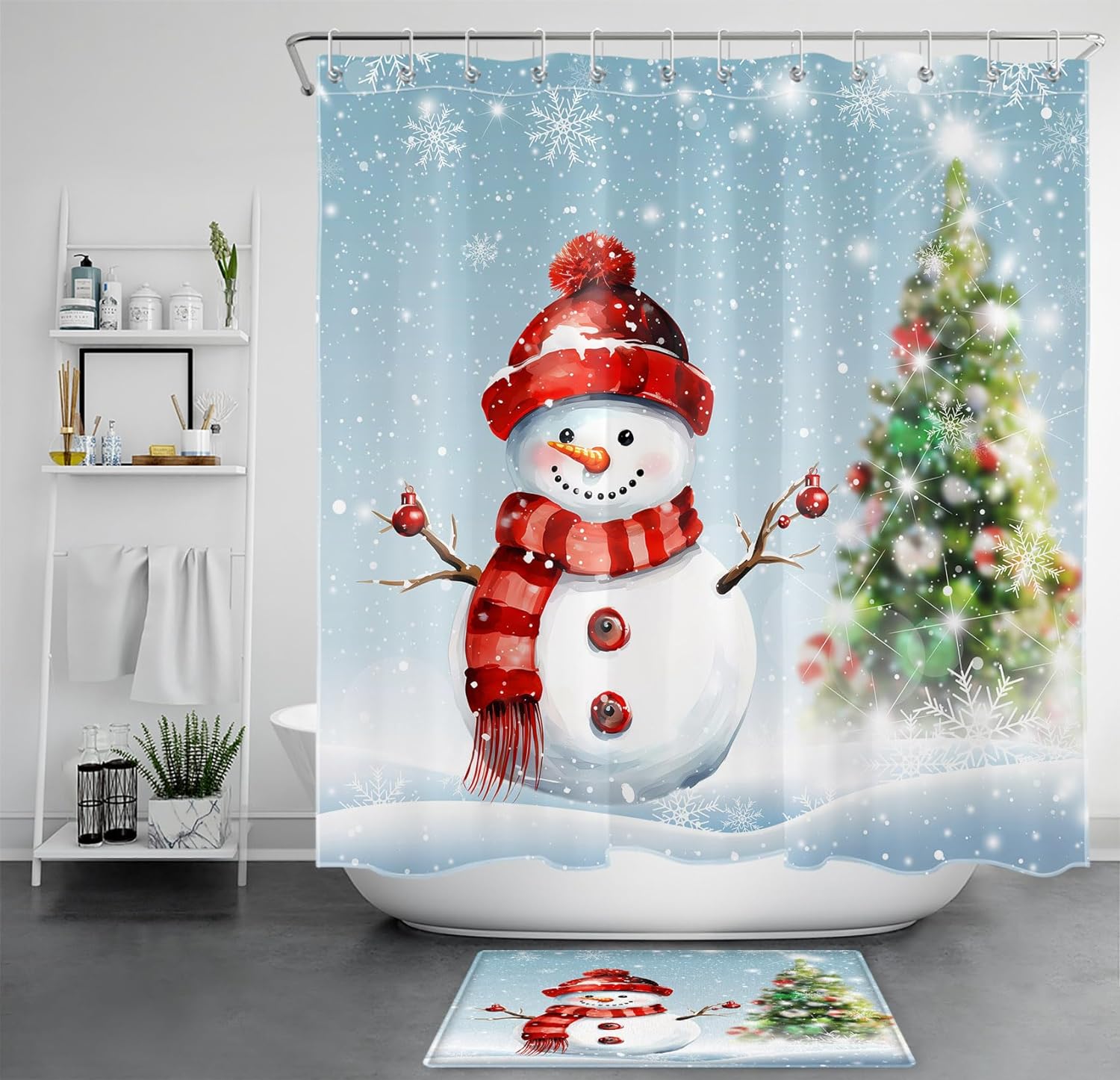 ARTTEAL Winter Christmas Snowman Shower Curtain Set Xmas Tree and