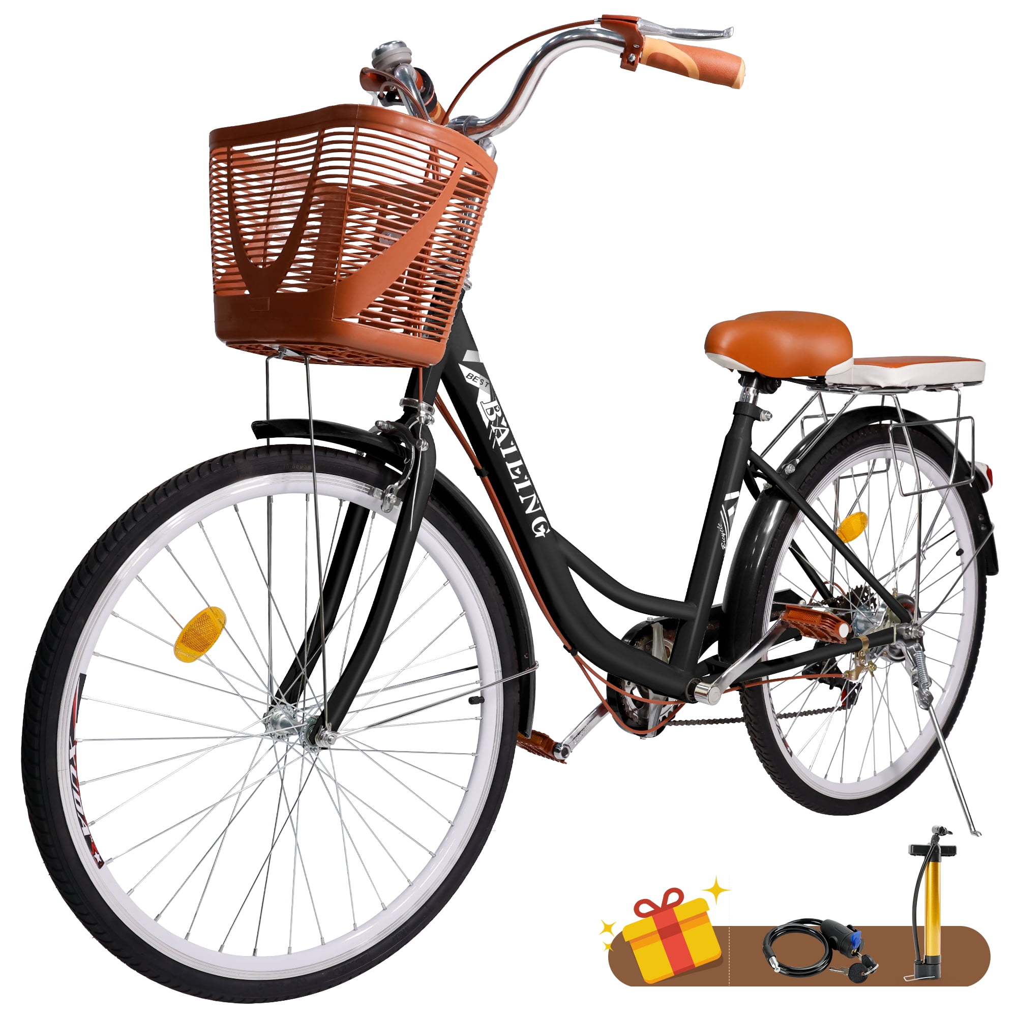 Free Shipping ARTUDATECH 26 Inch Beach Cruiser Bike for Women 7 Speed Commute Bike for Adults Women Bicycle with Adjustable Seat and Basket Walmart