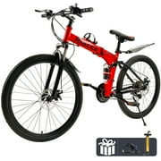 ARTUDATECH 26 Inch Folding Mountain Bike, 27 Speed Full Suspension MTB Foldable Bicycle, Dual Disc Brake Non-Slip Folding bikes for Adults/Men/Women, Black/White/Red/Yellow