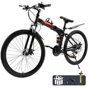 ARTUDATECH 26 Inch Folding Mountain Bike, 27 Speed Full Suspension MTB Foldable Bicycle, Dual Disc Brake Non-Slip Folding bikes for Adults/Men/Women, Black/White/Red/Yellow