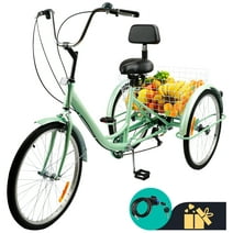 ARTUDATECH 7-Speed Adult Tricycle 24" Mint Green Three-Wheeled 3 Wheel Cruiser Bike with Seat and Rear Basket for Shopping,Commuting, Camping