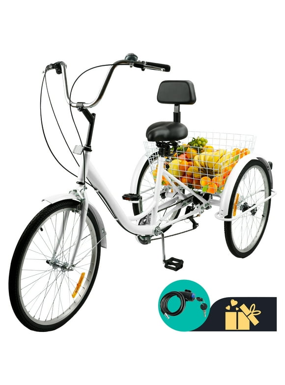 ARTUDATECH 7-Speed Adult Tricycle 24" White Three-Wheeled 3 Wheel Cruiser Bike with Seat and Rear Basket for Shopping,Commuting,Camping