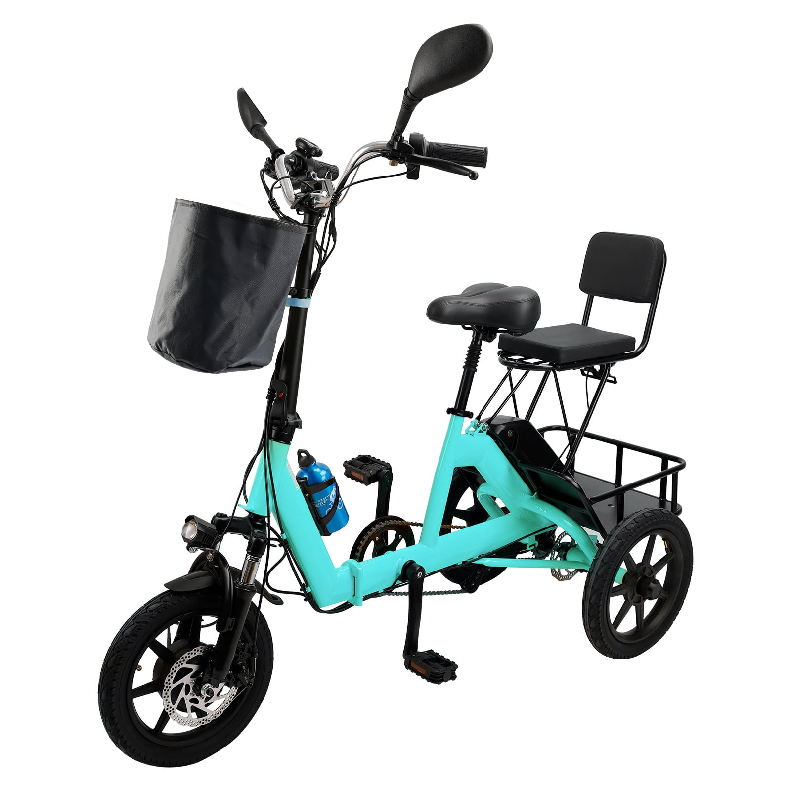 ARTUDATECH Foldable 3 Wheel Electric Tricycle 350W 48V Electric Trike with Front & Rear Basket for Men Women Adult Senior Mint Green UL2849