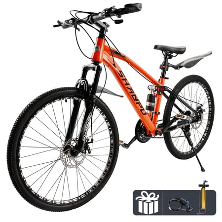 ARTUDATECH 26 Inch Wheel Full Suspension Mens Mountain Bike, Shimano 21 Speed, Dual Disc Brake Bike for Men Womens Adult Bicycle With Bike Lock And Air Pump, orange