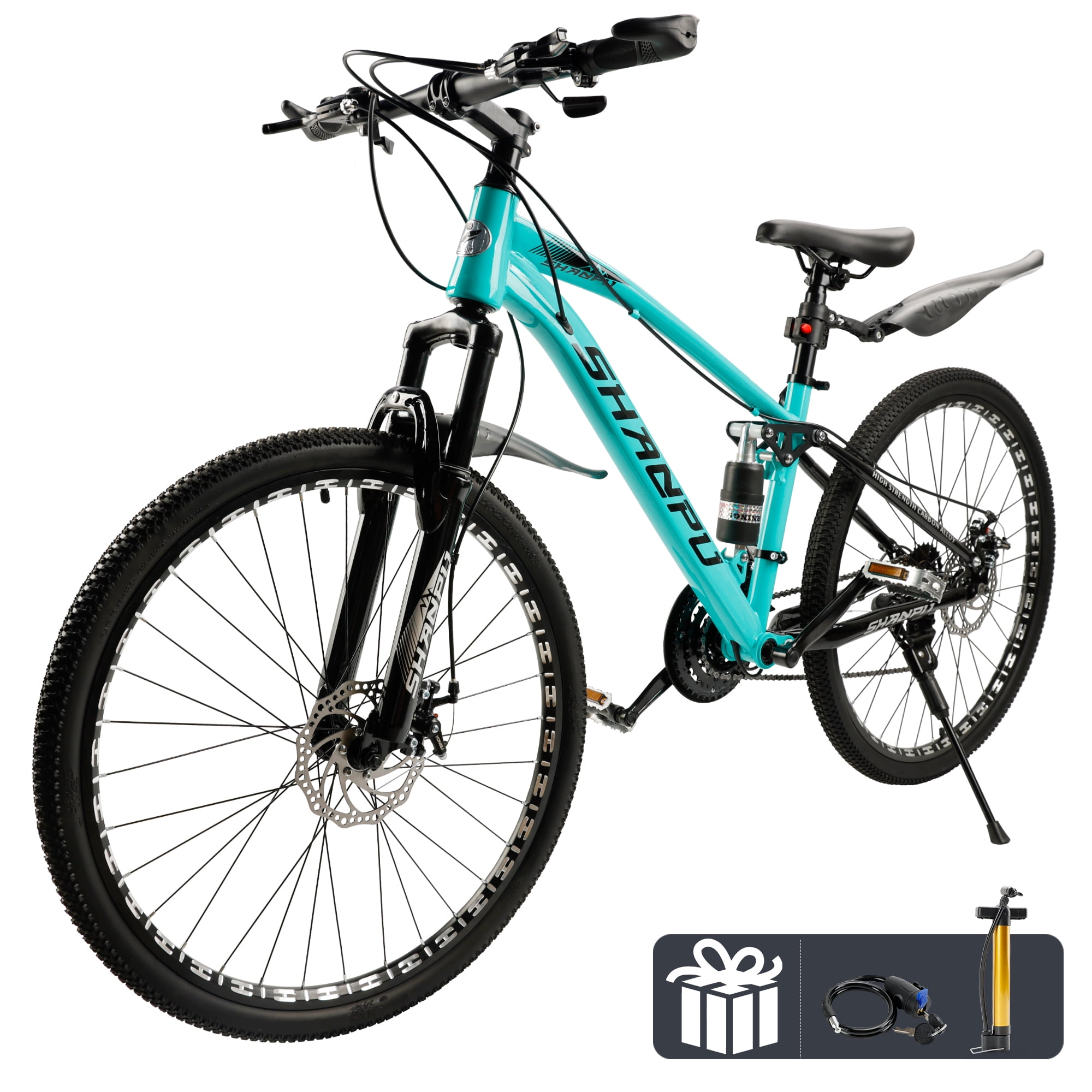 ARTUDATECH Full Suspension Mens Mountain Bike, Shimano 21 Speed, 26 Inch Wheel, Dual Disc Brake Bike for Men Womens Adult Bicycle With Bike Lock And Air Pump