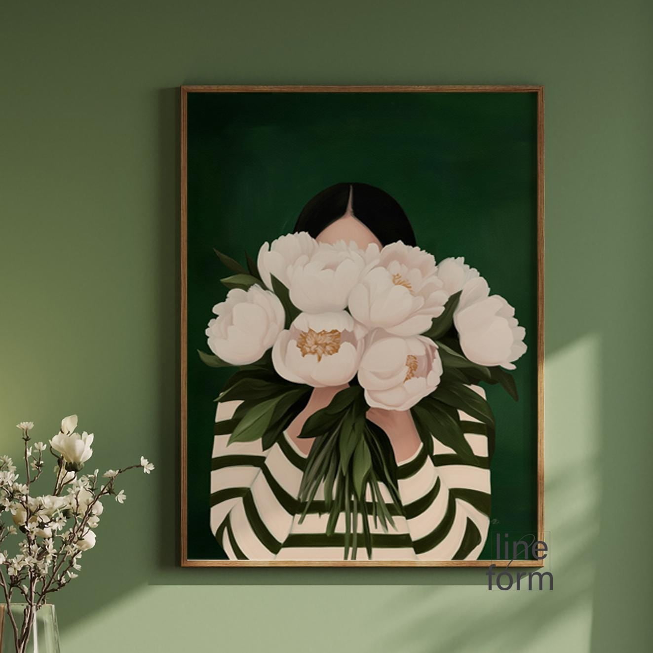ARTVORA Art Print, Emerald Green Woman with Peonies, Japandi Minimalist ...