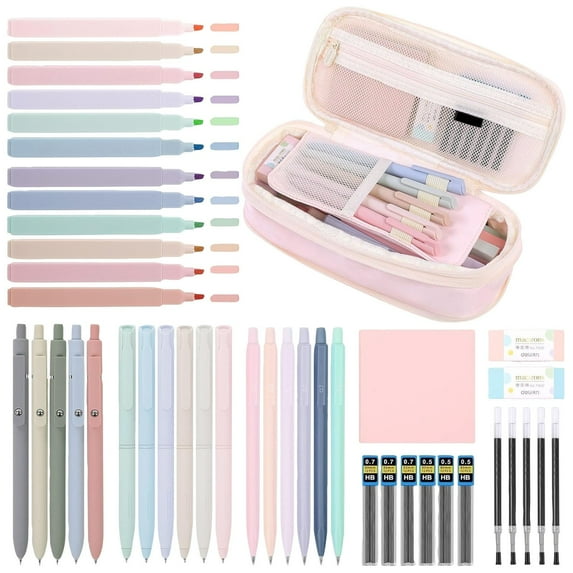 ARUTOOY 44 Pcs Aesthetic School Supplies with Cute Pen Case, 12 Pastel Highlighters, 5 Black Ink Gel Pens, 6 Mechanical Pencils 0.5-0.7mm for Students Stationary College Essentials