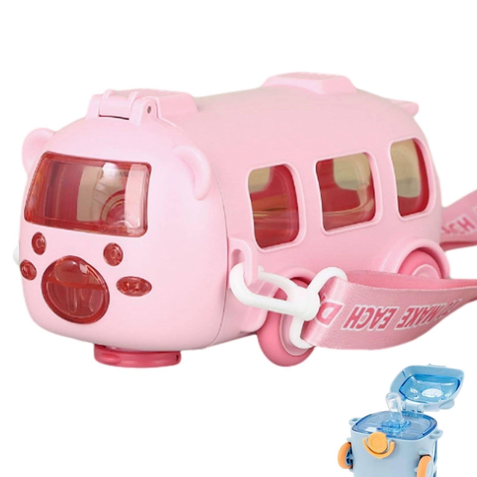 17oz Cute Cartoon Bus Water Bottle With Straw - Removable Toy, Adjustable Shoulder Strap, Leak-Proof (Pink) 2 thumbnail image