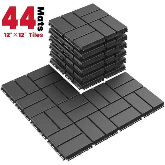 ARVAKOR 44 Pack Interlocking Deck Tiles 12 x 12" Plastic Patio Flooring Waterproof Patio Pavers Outdoor All Weather Use Square Interlocking Deck Tiles for Balcony Backyard Porch Pool, Dark Black