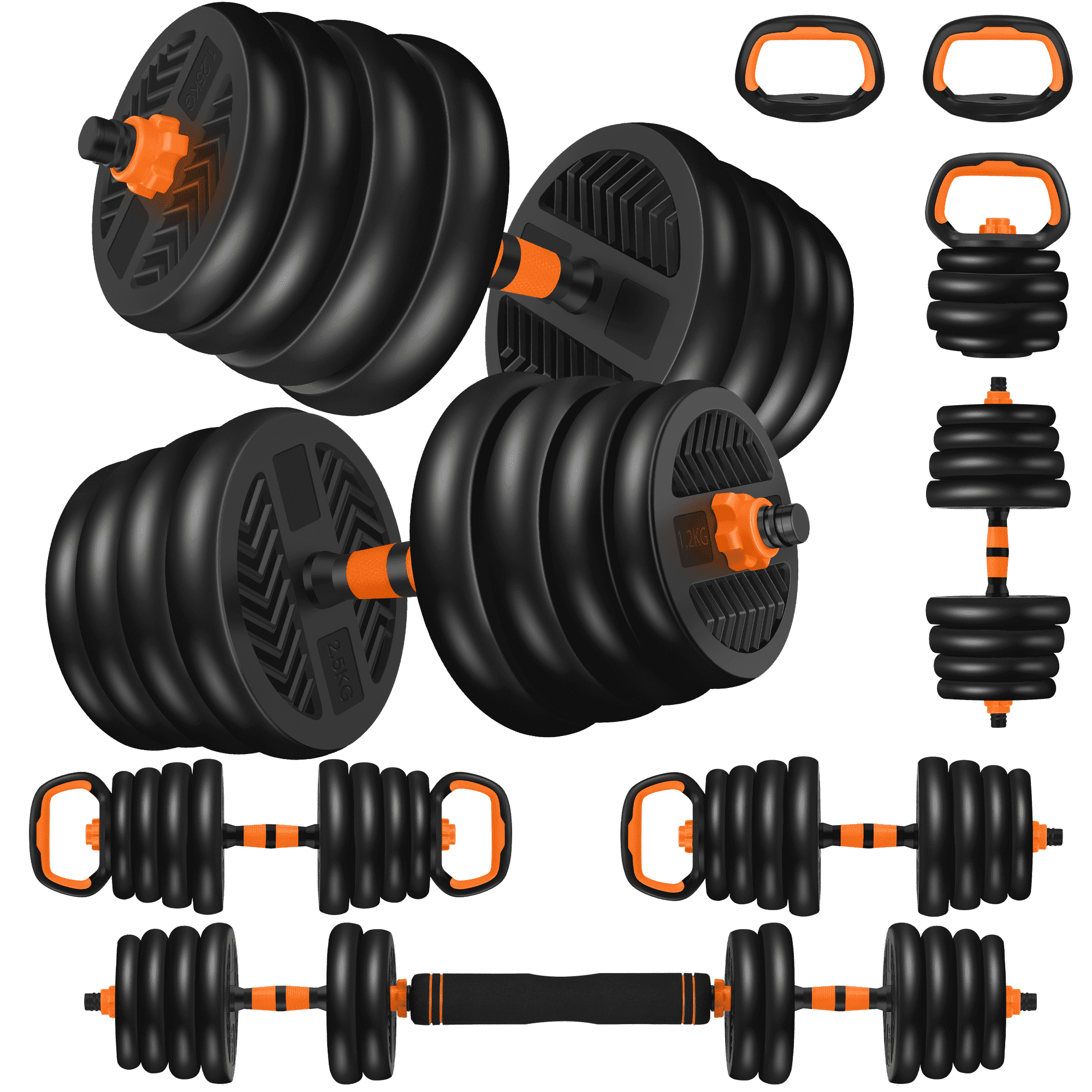 ARVAKOR 66LBS 4 in 1 Adjustable Dumbbell Set with Connecting Rod Used as Barbell, Kettlebells, Push up Stand, Fitness Exercises for Home Gym, Orange