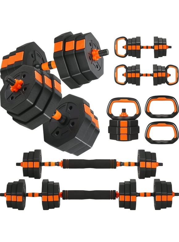 ARVAKOR 66Lbs Adjustable Dumbbell Set – Octagonal Anti-Roll Design, Non-Slip Grip, Versatile Weights with Barbell, Kettlebell, Push-Up Options, Orange