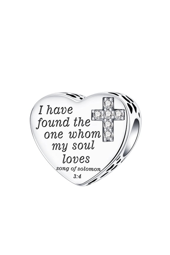 925 Sterling Silver CZ Cross Heart Pendant, Engraved with Song of Solomon 3:4 Bible Verse, Fits Bracelets & Necklaces, Christian Valentine's Day Gift