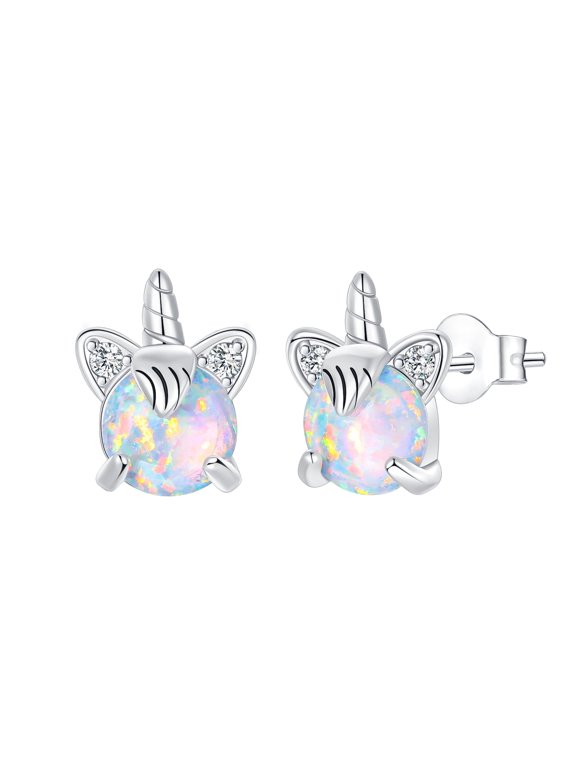 925 Sterling Silver Unicorn Opal Stud Earrings, Dreamy Jewelry for Women