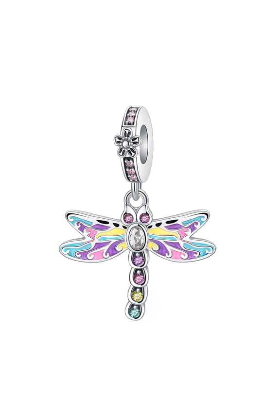 925 Sterling Silver Dragonfly Dangle Charm, Multi-Color Nature Style Pendant for Bracelets & Necklaces