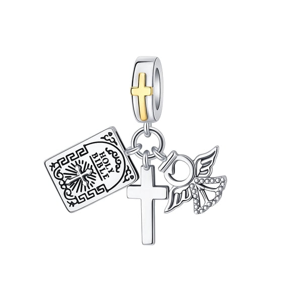ARVALILS 925 Sterling Silver Bible Cross Angel Charm, Two-tone Religious Pendant for Bracelets & Necklaces