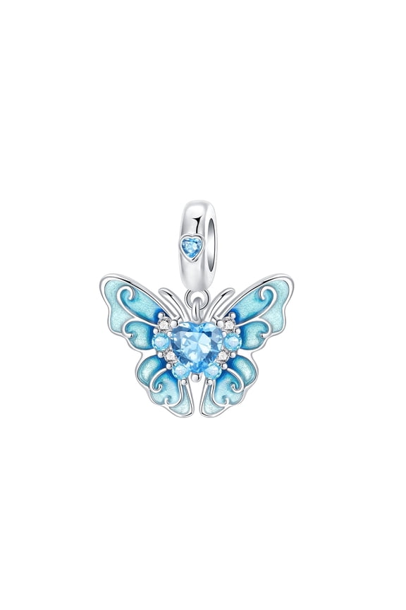 925 Sterling Silver Blue Enamel Butterfly Dangle Charm, Heart Pendant for Womens Bracelets & Necklaces