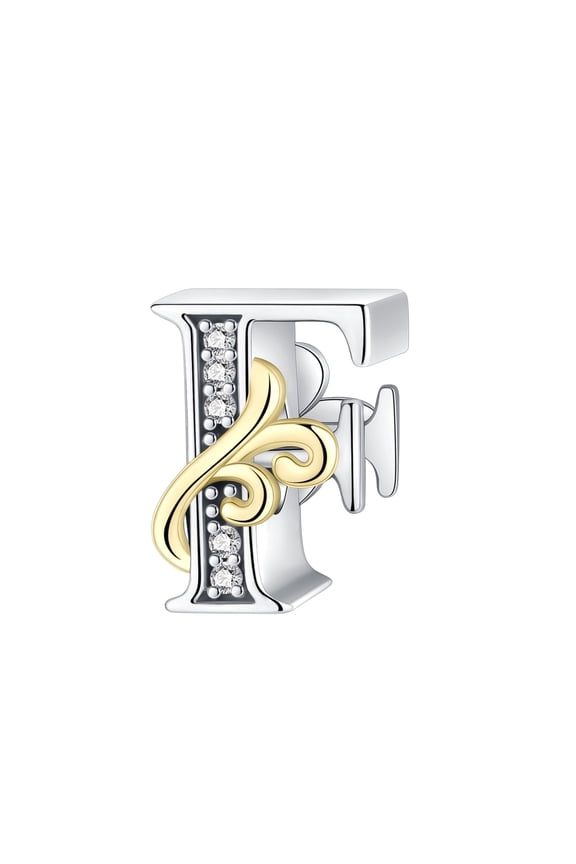 Two-Tone Letter F Charm, 925 Sterling Silver CZ Custom Pendant for Bracelets & Necklaces