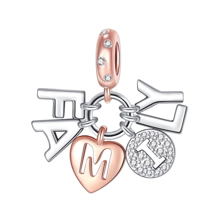 ARVALILS "FAMILY" Letter Dangle Charm, Two-Tone 925 Sterling Silver CZ Charm, Family Theme Pendant for Bracelets & Necklaces