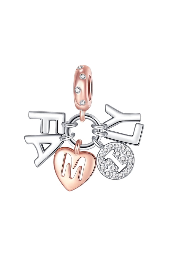 "FAMILY" Letter Dangle Charm, Two-Tone 925 Sterling Silver CZ Charm, Family Theme Pendant for Bracelets & Necklaces