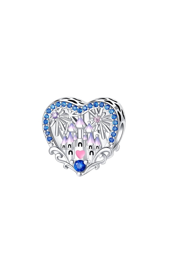 925 Silver Heart Castle Pendant, Blue Pink CZ Inlaid, Bracelet & Necklace Accessory, Perfect Gift for Castle Lovers