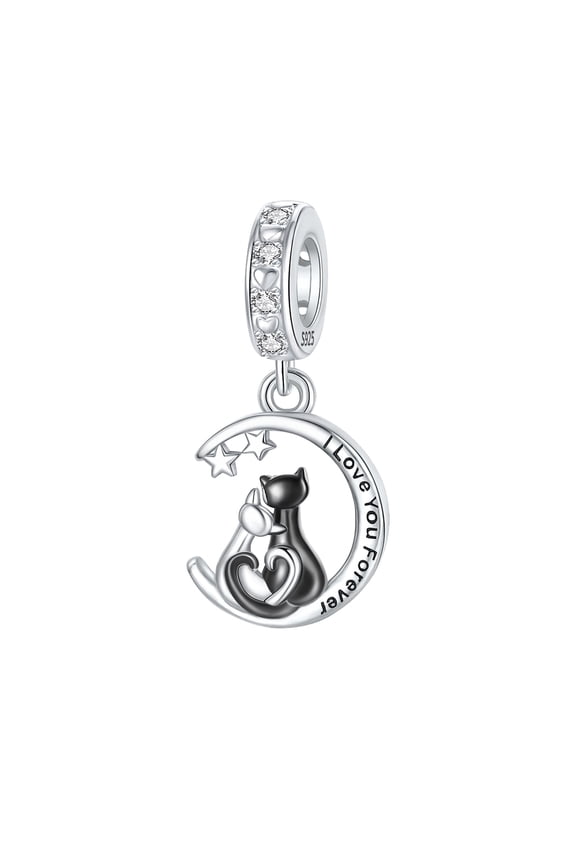 "I Love You Forever" Moon & Cat Dangle Charm - 925 Sterling Silver Pendant with Cubic Zirconia, Compatible with Bracelets & Necklaces, Gift for Cat Lovers & Pet Owners