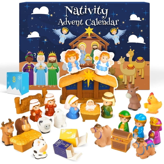 ARVELLIA 24-Day Countdown Nativity Advent Calendar, 24 Miniature Figurine Collection, Religious Story Family Activity Countdown Box Party Tabletop Display