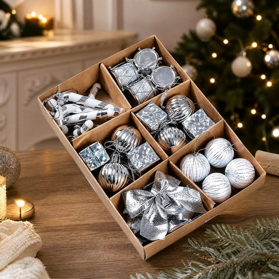 ARVELLIA 24 Piece Assorted Christmas Tree Ornaments, Mixed Hanging Xmas Decorations, Candy Cane Gift Box Drum Baubles for Tree Wreath Garland