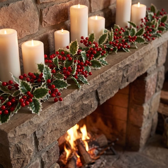 ARVELLIA Artificial Holly Berry Garland, White Edged Faux Winter Greenery, Red Berries Flexible Vine for Staircase Mantel Door Frame Window Decor