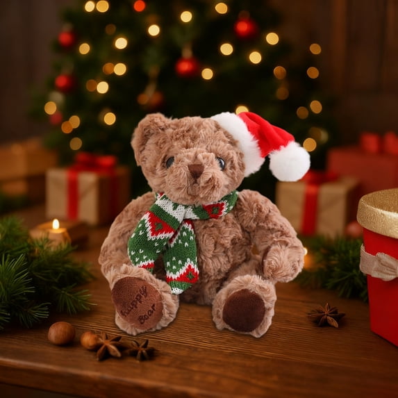 ARVELLIA Christmas Teddy Bear Plush Toy with Santa Hat, Soft Stuffed Animal Bear Doll, Cute Holiday Gift for Kids