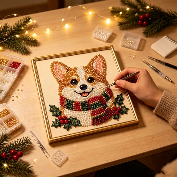 ARVELLIA DIY Christmas Pearl Painting Kit with Frame, Cute Corgi Dog with Scarf Holiday Portrait Beaded Art Craft Set for Adults and Beginners, Handmade Wall Decor Gift (7.8x7.8in)