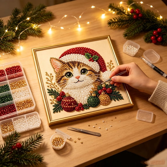 ARVELLIA DIY Christmas Pearl Painting Kit with Frame, Cute Orange Cat with Santa Hat Holiday Portrait Beaded Art Craft Set for Adults and Beginners, Handmade Wall Decor Gift (7.8x7.8in)
