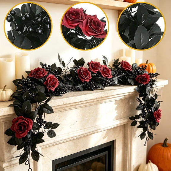 ARVELLIA Halloween Black Garland with Red Berries, Gothic Artificial Vine for Mantel Staircase Decor (Black 78.7 in)