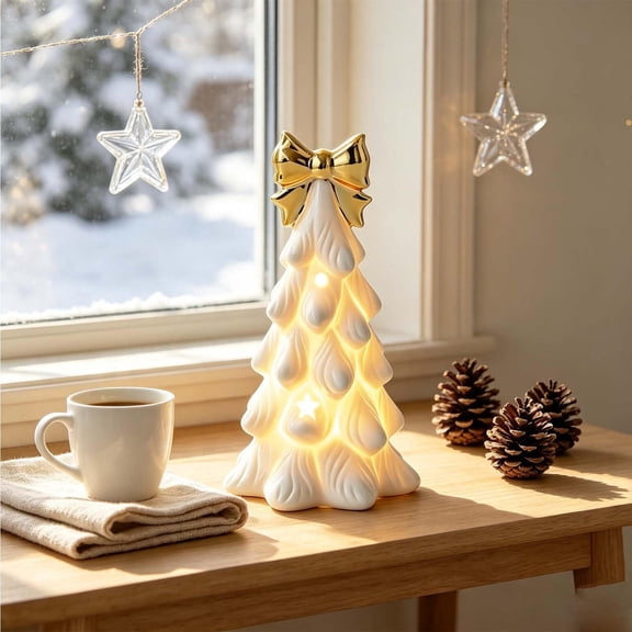 ARVELLIA Lighted Ceramic Christmas Tree, Mini Tabletop Holiday Decor, Warm White LED Night Light for Bedroom Shelf Desk, 5.03 in White Gold