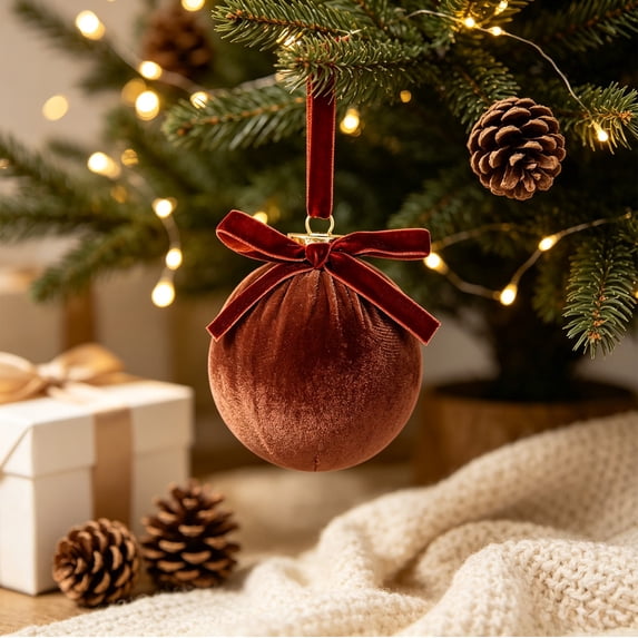 ARVELLIA Luxury Velvet Christmas Ball Ornaments, Soft Plush Xmas Tree Hanging Decor, Bow Accent Holiday Baubles 3.74*3.15in Coffee