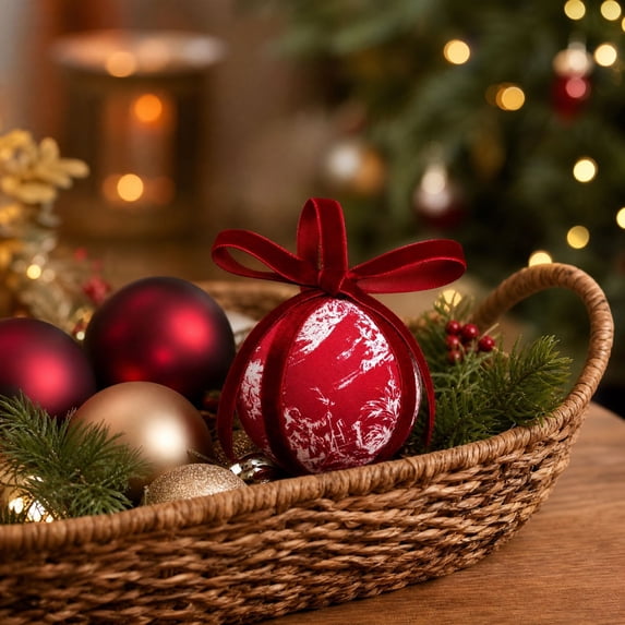ARVELLIA Patterned Christmas Ball Ornament, Bow Topped Hanging Bauble Decoration, Lightweight Cloth Xmas Tree Decor for Holiday Party Tabletop Display