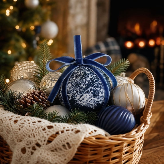 ARVELLIA Patterned Christmas Ball Ornament, Bow Topped Hanging Bauble Decoration, Lightweight Cloth Xmas Tree Decor for Holiday Party Tabletop Display