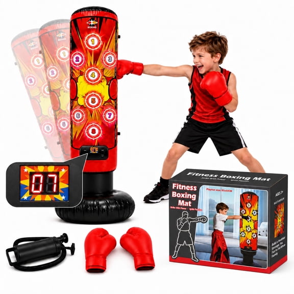 ARVIVO Interactive Kids Boxing Mat and Inflatable Punching Bag Set with LED Lights, Music, Score Counter, 4 Game Modes and Boxing Gloves, Indoor Active Play Toy for Ages 4-15