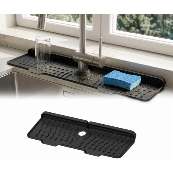 ARVOV Faucet Mat for Kitchen Sink, Silicone Sink Splash Guard with 7° Slope, Foldable Faucet Drain Pad with Snap Lock & Cuttable Opening, Countertop Water Catcher Behind Faucet