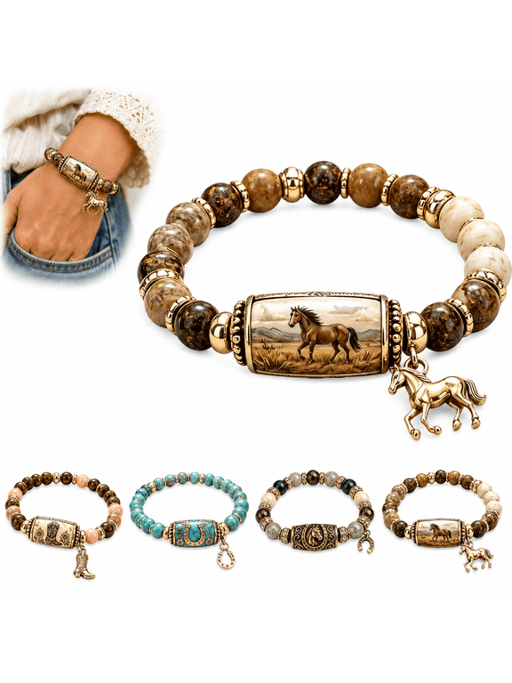 Western Horse Crystal Bracelet, Vintage Horse Charm Beaded Bracelet with Horseshoe Accent, Western Style Jewelry Gift for Horse Lovers,#A