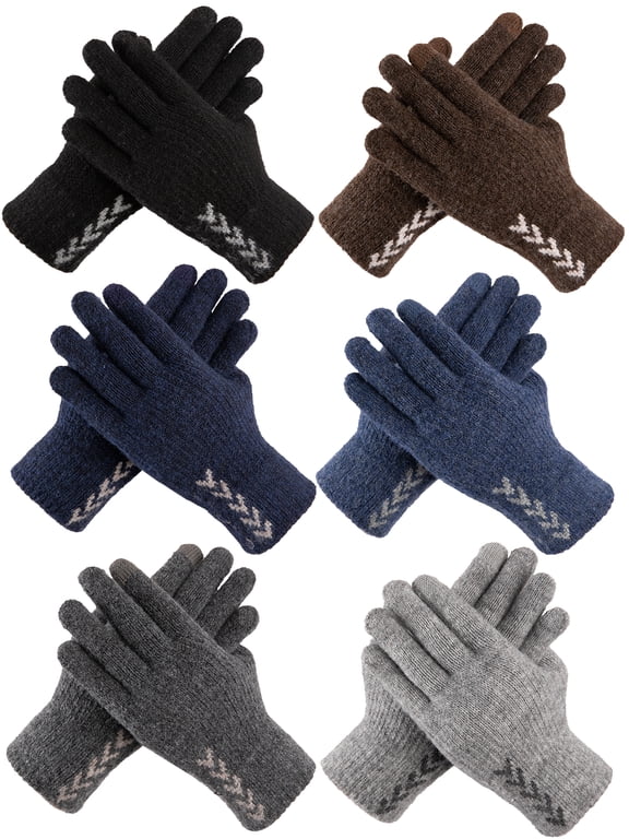 6 Pairs Knitted Fleece Gloves for Men, Touchscreen Enabled Warm Cold Weather Gloves, Soft Elastic Cuff Thermal Gloves for Men & Women