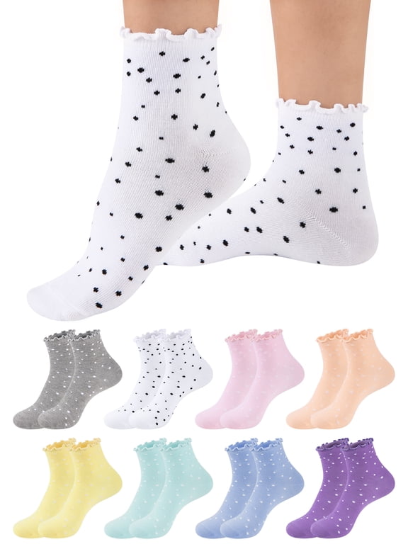 8 Packs Women Socks Quarter Short Casual Cute Wooden Ear Edge Polka dot Socks for Female