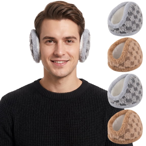 ARWSER 4 Pack Winter Earmuffs for Men, Foldable Tartan Plush Fleece Ear Warmers, Stretch Adjustable Warm Ear Covers